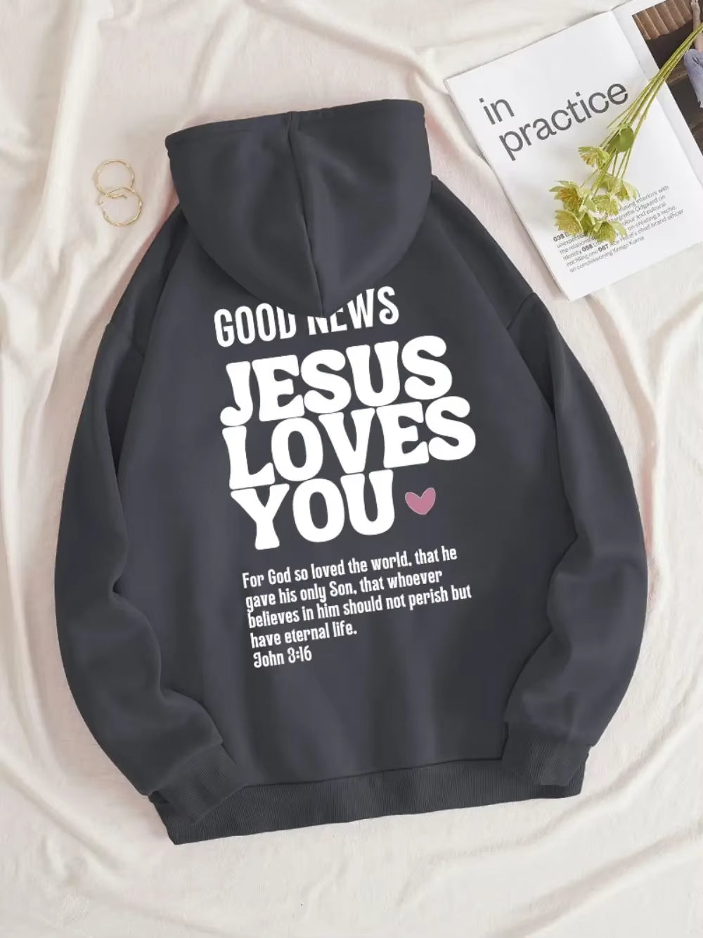 Autumn Mens Hoodies Good News Jesus Loves You Printing Pullovers Loose Pocket Warm Comfortable Sweatshirts Street Clothing